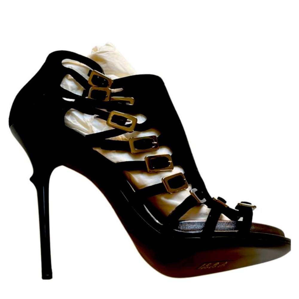 Roger Vivier Black Leather Strappy High Heel Sandals with Gold Buckles